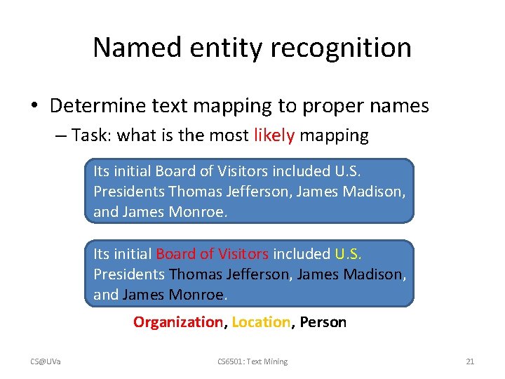 Named entity recognition • Determine text mapping to proper names – Task: what is