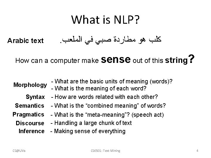 What is NLP? Arabic text . ﻛﻠﺐ ﻫﻮ ﻣﻄﺎﺭﺩﺓ ﺻﺒﻲ ﻓﻲ ﺍﻟﻤﻠﻌﺐ How can