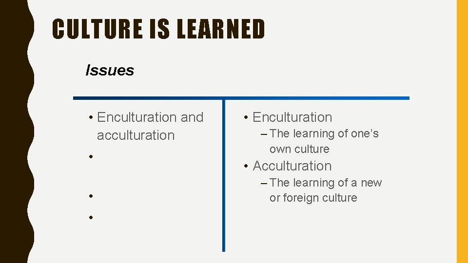 CULTURE IS LEARNED Issues • Enculturation and acculturation • Language and symbols • Ritual