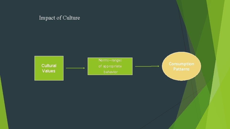 Impact of Culture Norms—ranges Cultural Values of appropriate behavior Consumption Patterns 