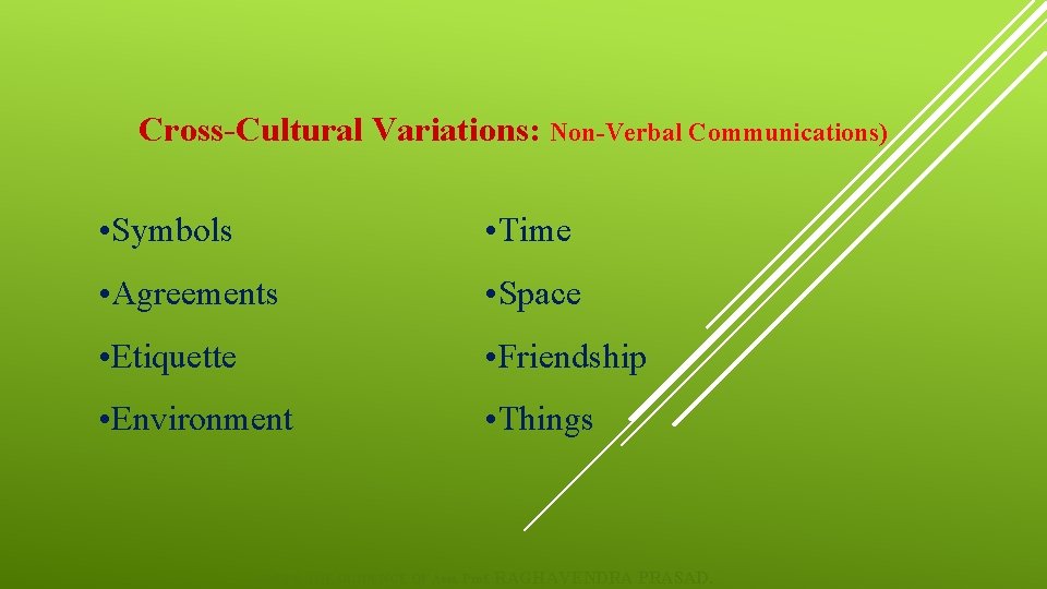 Cross-Cultural Variations: Non-Verbal Communications) • Symbols • Time • Agreements • Space • Etiquette