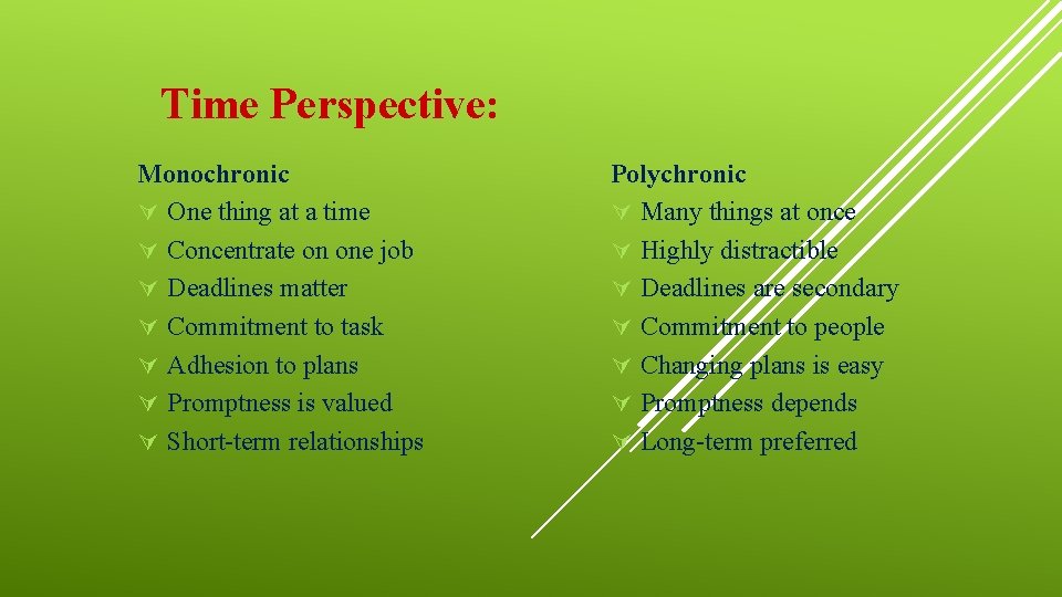 Time Perspective: Monochronic Ú One thing at a time Ú Concentrate on one job