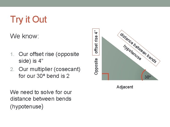 1. Our offset rise (opposite side) is 4” 2. Our multiplier (cosecant) for our