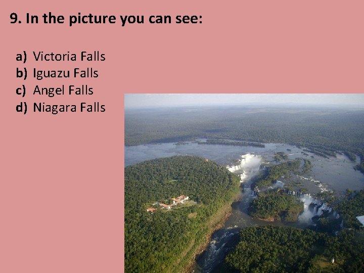 9. In the picture you can see: a) b) c) d) Victoria Falls Iguazu