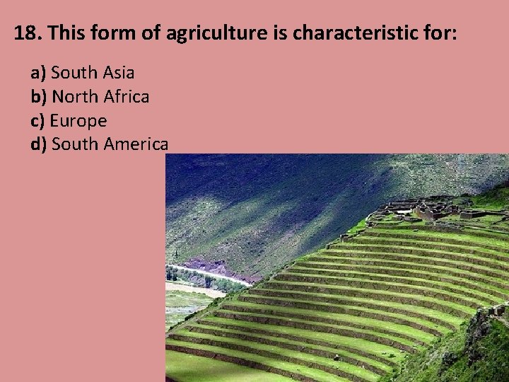 18. This form of agriculture is characteristic for: a) South Asia b) North Africa