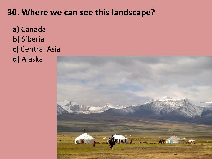 30. Where we can see this landscape? a) Canada b) Siberia c) Central Asia