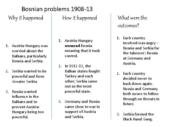 Bosnian problems 1908 -13 Why it happened How it happened 1. Austria-Hungary was worried