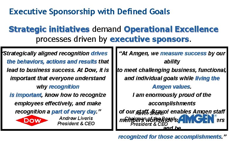 Executive Sponsorship with Defined Goals Strategic initiatives demand Operational Excellence processes driven by executive