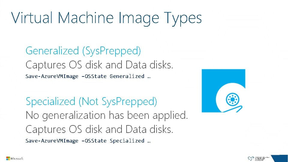 Virtual Machine Image Types Generalized (Sys. Prepped) Captures OS disk and Data disks. Save-Azure.