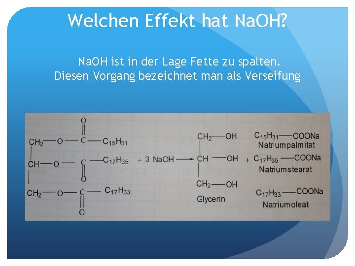 Welchen Effekt hat Na. OH? Na. OH ist in der Lage Fette zu spalten.