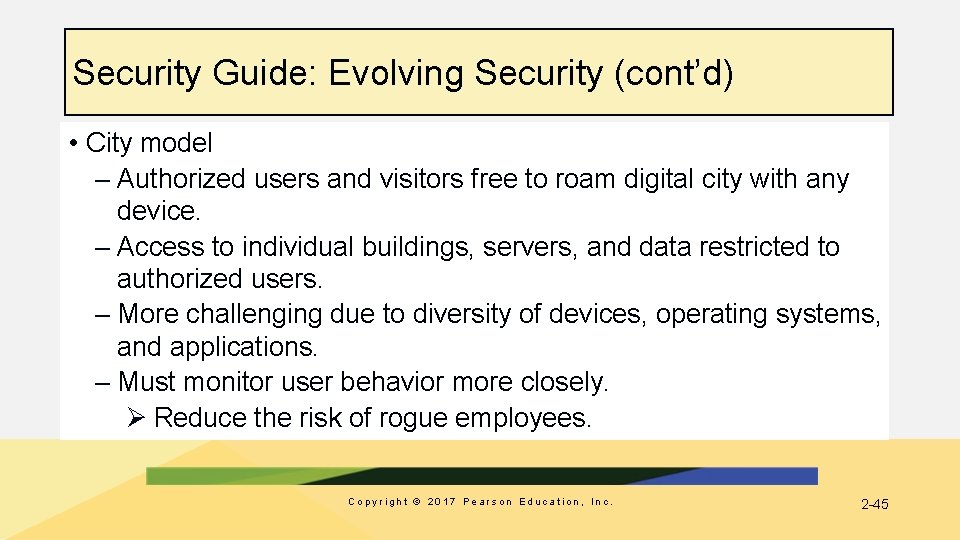 Security Guide: Evolving Security (cont’d) • City model – Authorized users and visitors free