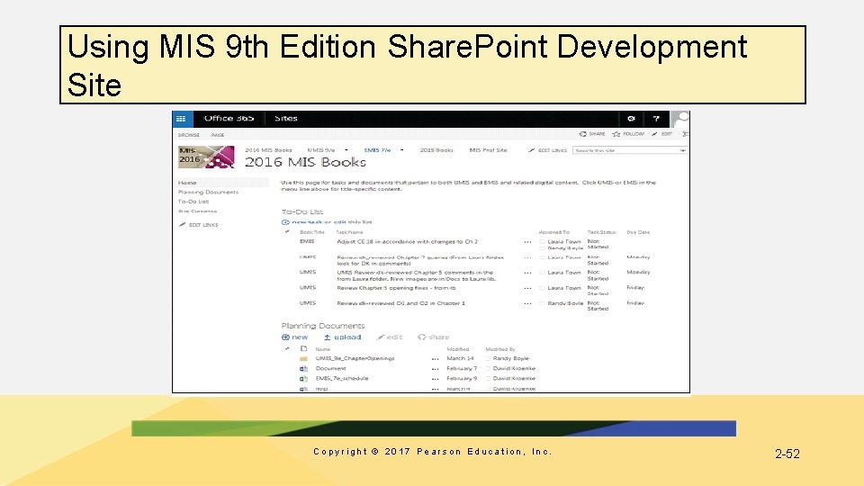 Using MIS 9 th Edition Share. Point Development Site Copyright © 2017 Pearson Education,