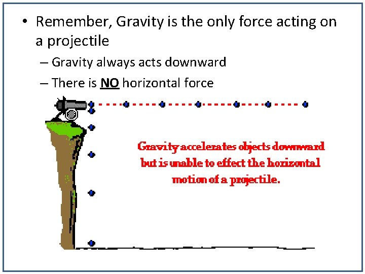  • Remember, Gravity is the only force acting on a projectile – Gravity