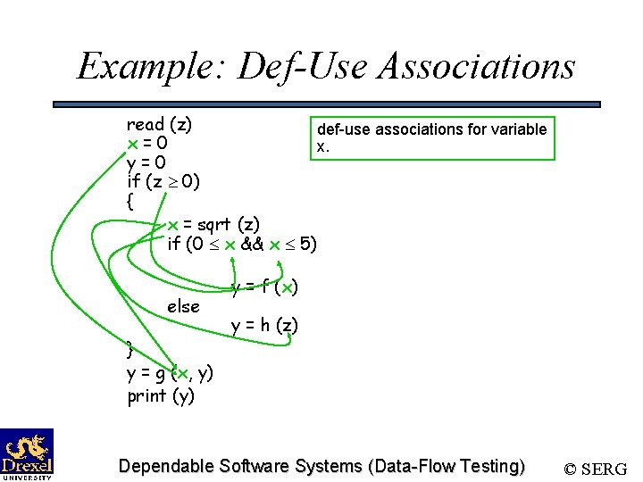 Example: Def-Use Associations read (z) def-use associations for variable x=0 x. y=0 if (z