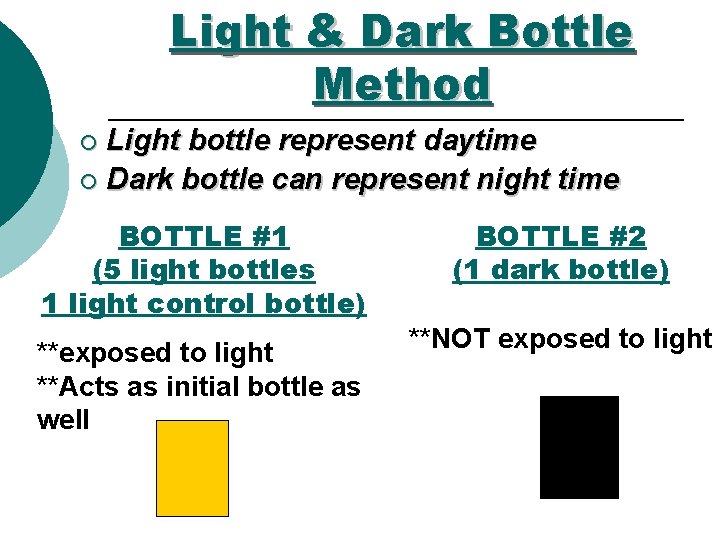 Light & Dark Bottle Method Light bottle represent daytime ¡ Dark bottle can represent