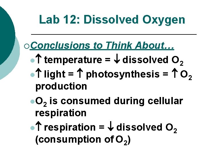 Lab 12: Dissolved Oxygen ¡Conclusions to Think About… l temperature = dissolved O 2
