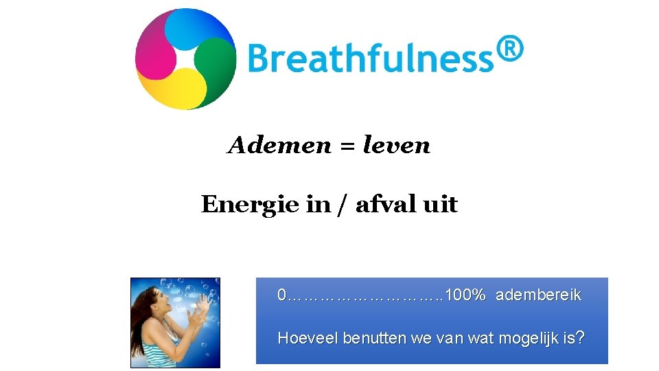 Ademen = leven Energie in / afval uit 0……………. . 100% adembereik Hoeveel benutten