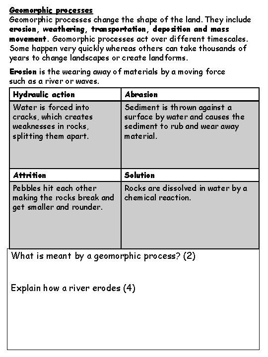 Geomorphic processes change the shape of the land. They include erosion, weathering, transportation, deposition