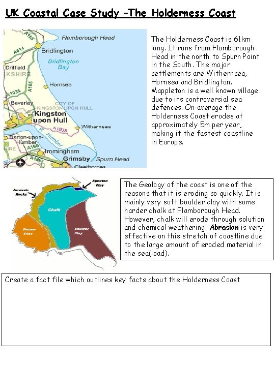 UK Coastal Case Study –The Holderness Coast is 61 km long. It runs from