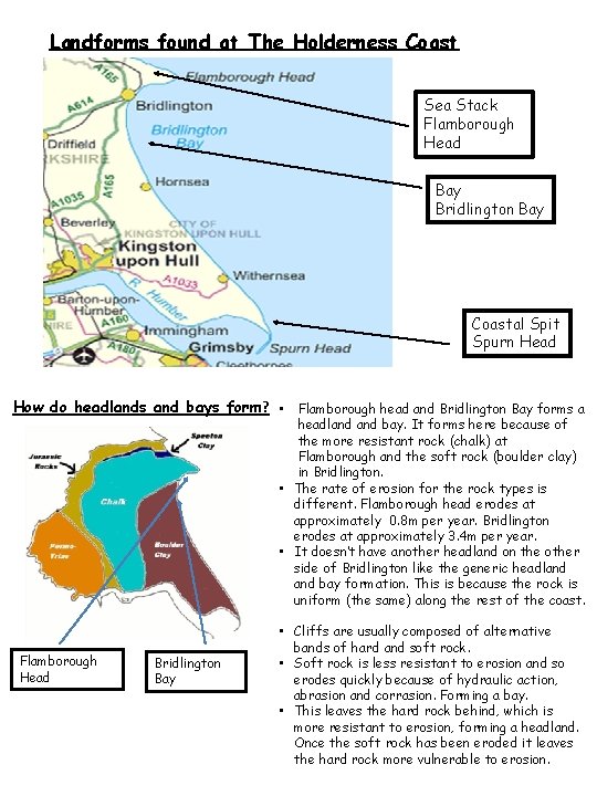 Landforms found at The Holderness Coast Sea Stack Flamborough Head Bay Bridlington Bay Coastal