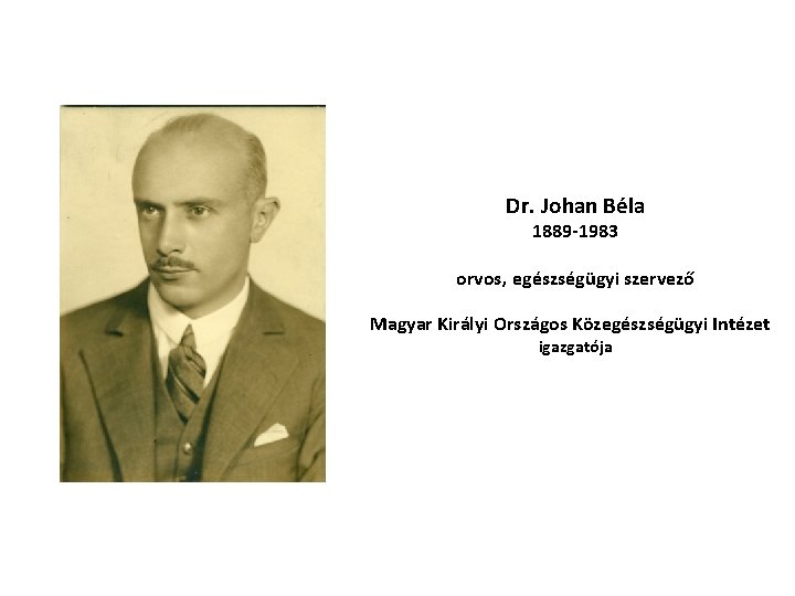 Dr. Johan Béla 1889 -1983 orvos, egészségügyi szervező Magyar Királyi Országos Közegészségügyi Intézet igazgatója