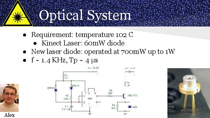 Optical System ● Requirement: temperature 102 C ● Kinect Laser: 60 m. W diode