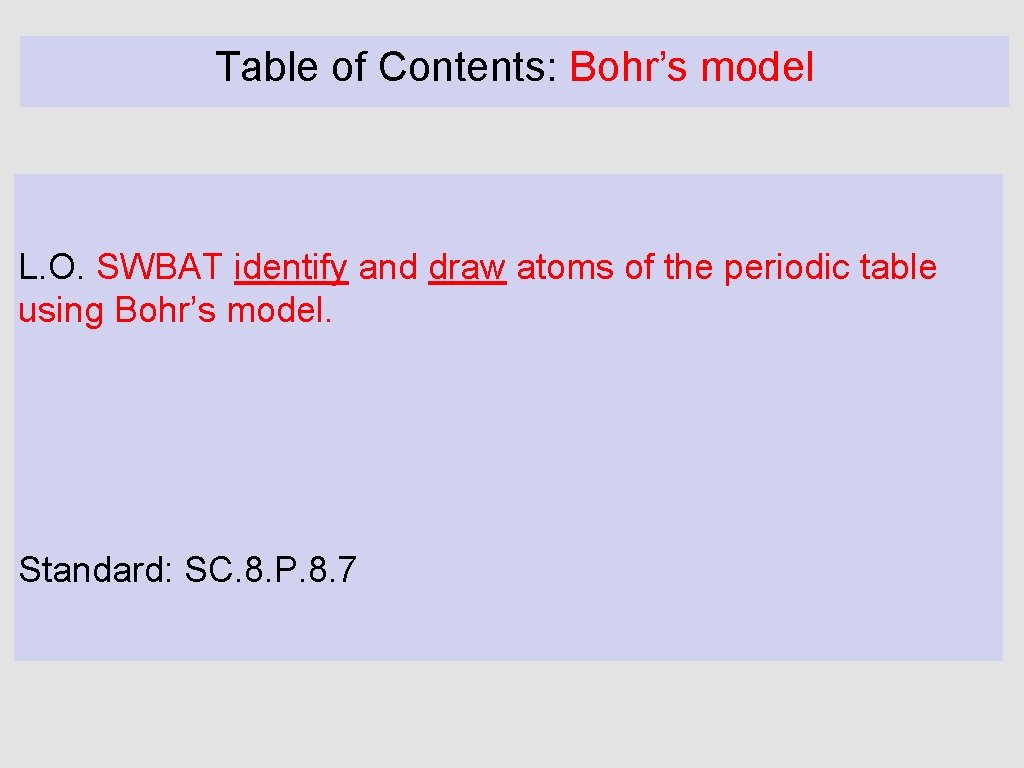 Table of Contents: Bohr’s model L. O. SWBAT identify and draw atoms of the