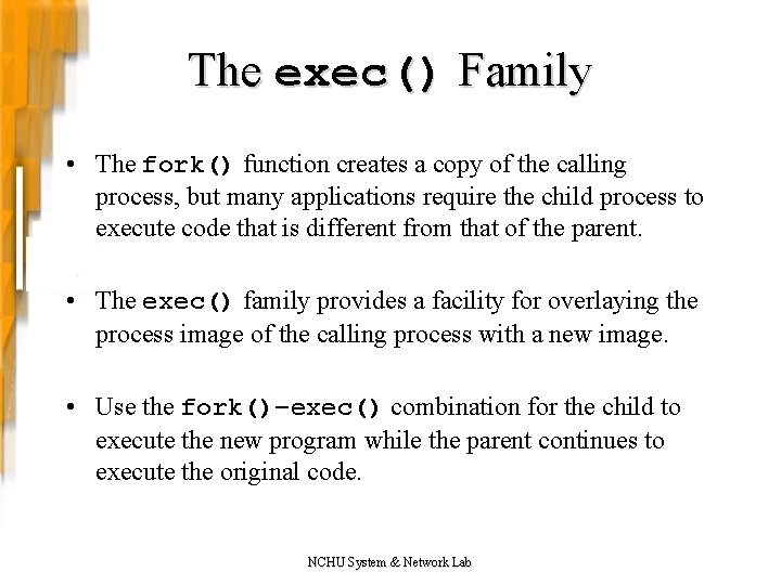 The exec() Family • The fork() function creates a copy of the calling process,