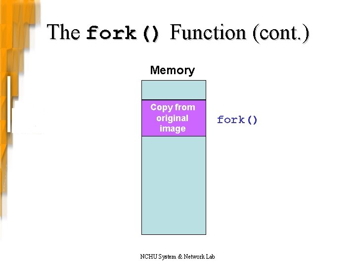 The fork() Function (cont. ) Memory Copy from Original original image New image NCHU