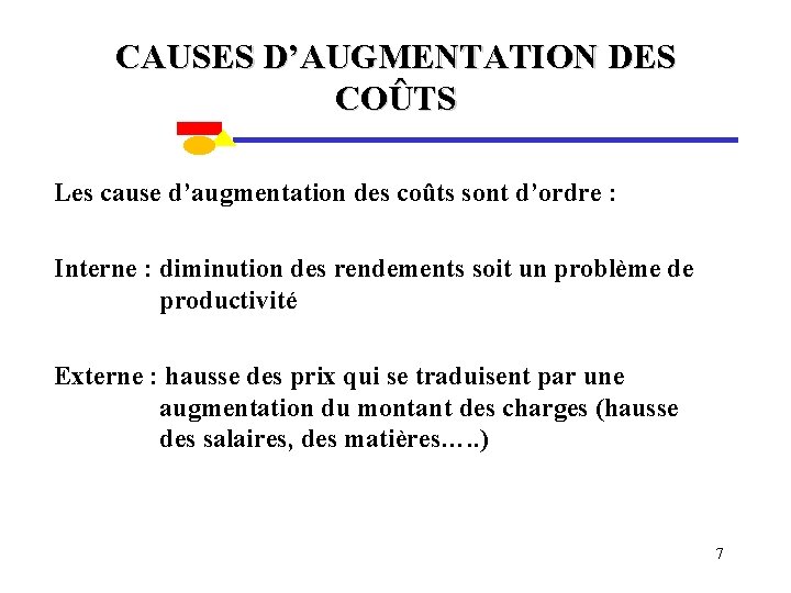 CAUSES D’AUGMENTATION DES COÛTS Les cause d’augmentation des coûts sont d’ordre : Interne :