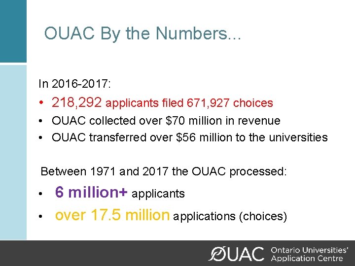 OUAC By the Numbers. . . In 2016 -2017: • 218, 292 applicants filed