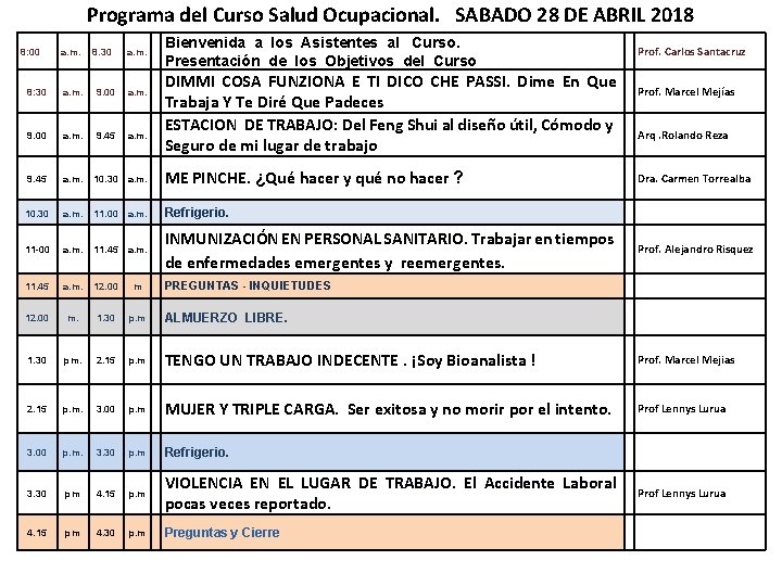 Programa del Curso Salud Ocupacional. SABADO 28 DE ABRIL 2018 8: 00 a. m.