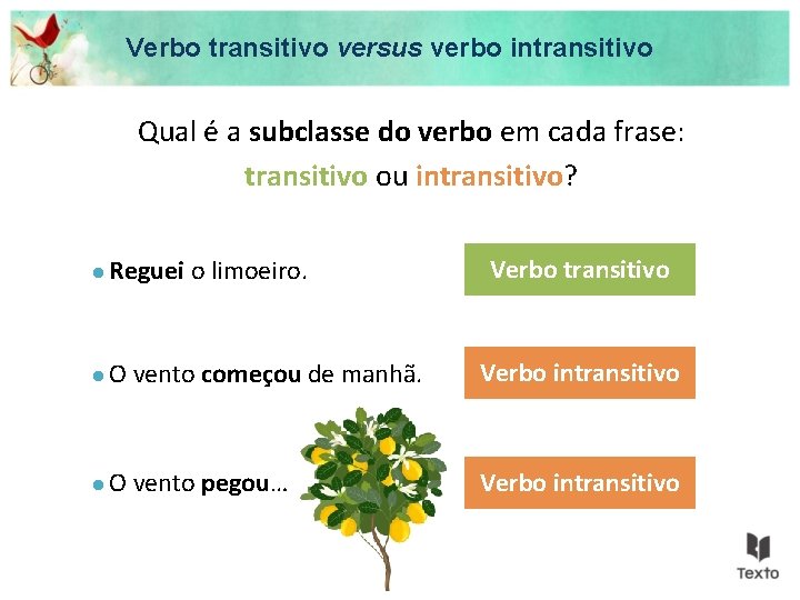 Verbo transitivo versus verbo intransitivo Qual é a subclasse do verbo em cada frase: