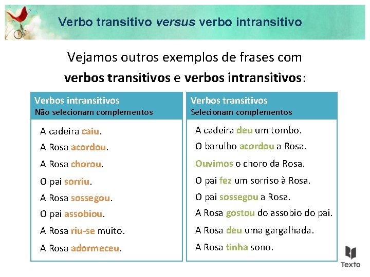 Verbo transitivo versus verbo intransitivo Vejamos outros exemplos de frases com verbos transitivos e