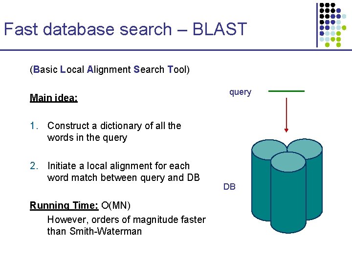 Fast database search – BLAST (Basic Local Alignment Search Tool) Main idea: query 1. Fast database search – BLAST (Basic Local Alignment Search Tool) Main idea: query 1.