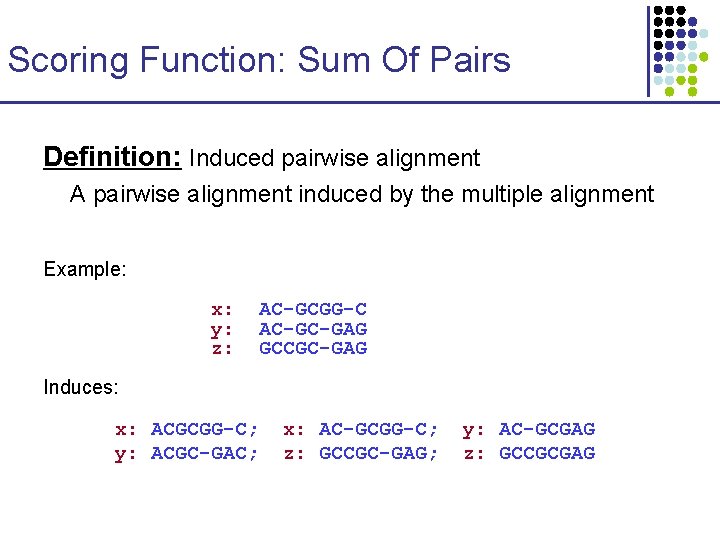 Scoring Function: Sum Of Pairs Definition: Induced pairwise alignment A pairwise alignment induced by Scoring Function: Sum Of Pairs Definition: Induced pairwise alignment A pairwise alignment induced by