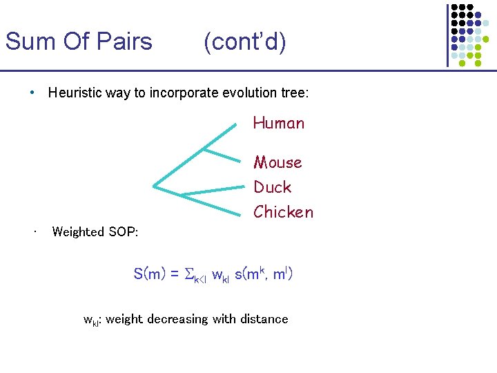 Sum Of Pairs (cont’d) • Heuristic way to incorporate evolution tree: Human Mouse Duck Sum Of Pairs (cont’d) • Heuristic way to incorporate evolution tree: Human Mouse Duck