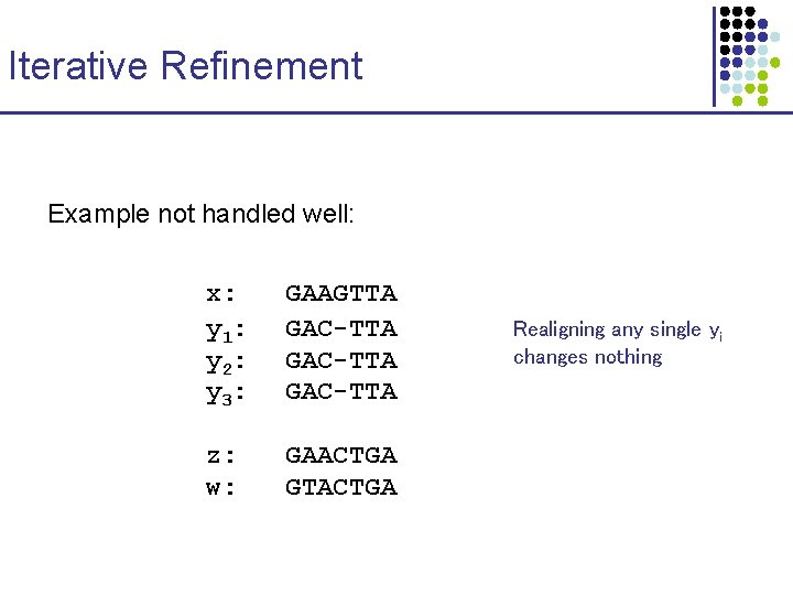 Iterative Refinement Example not handled well: x: y 1: y 2: y 3: GAAGTTA Iterative Refinement Example not handled well: x: y 1: y 2: y 3: GAAGTTA