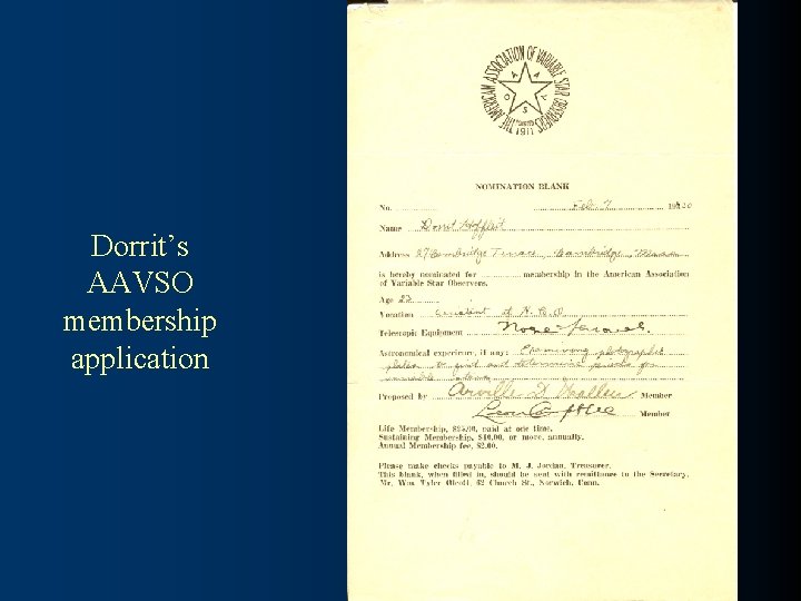 Dorrit’s AAVSO membership application 