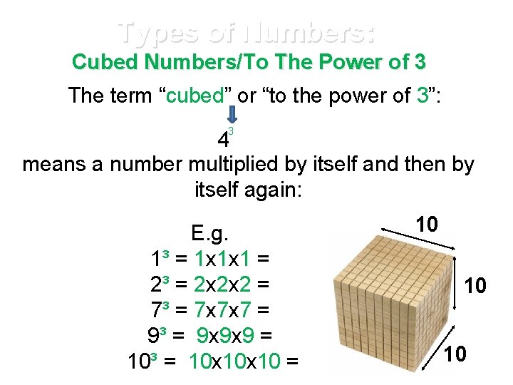 Types of Numbers: Cubed Numbers/To The Power of 3 The term “cubed” or “to