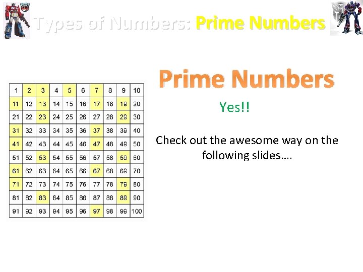 Types of Numbers: Prime Numbers Yes!! Check out the awesome way on the following