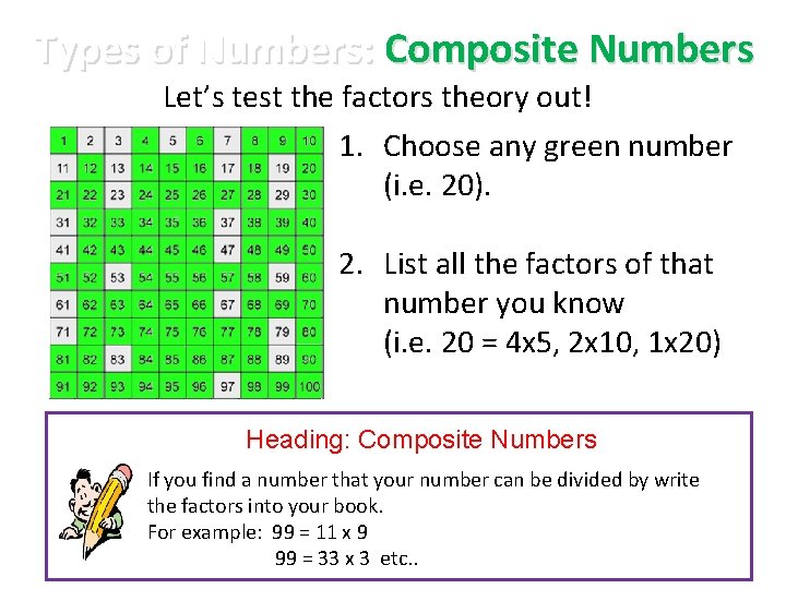 Types of Numbers: Composite Numbers Let’s test the factors theory out! 1. Choose any