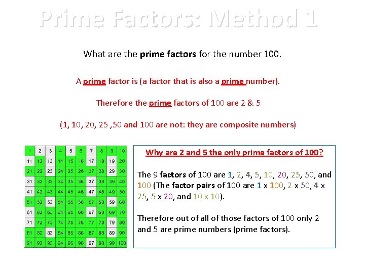 Prime Factors: Method 1 What are the prime factors for the number 100. A