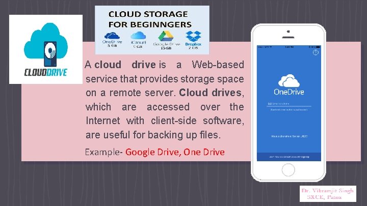 A cloud drive is a Web-based service that provides storage space on a remote