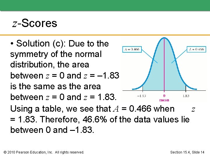 z-Scores • Solution (c): Due to the symmetry of the normal distribution, the area z-Scores • Solution (c): Due to the symmetry of the normal distribution, the area