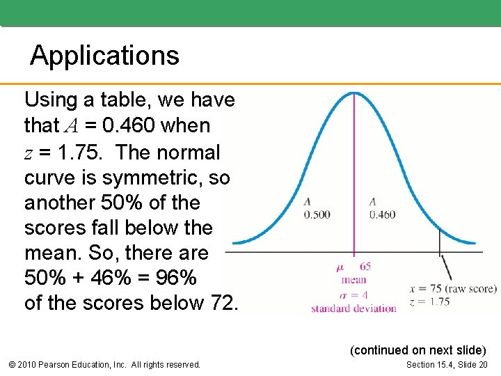 Applications Using a table, we have that A = 0. 460 when z = Applications Using a table, we have that A = 0. 460 when z =