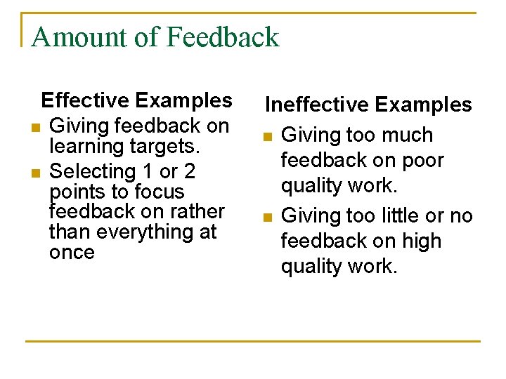 Amount of Feedback Effective Examples n Giving feedback on learning targets. n Selecting 1