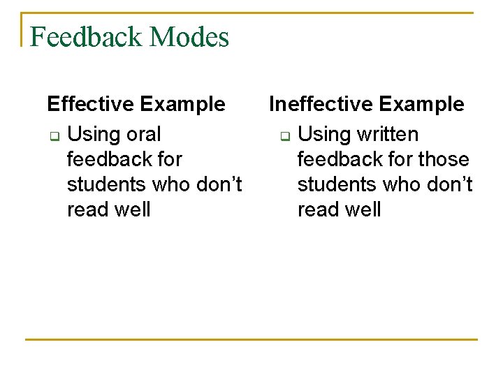 Feedback Modes Effective Example q Using oral feedback for students who don’t read well