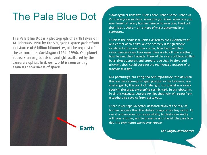 The Pale Blue Dot is a photograph of Earth taken on 14 February 1990