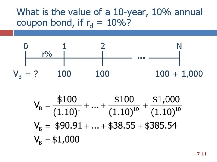 What is the value of a 10 -year, 10% annual coupon bond, if rd
